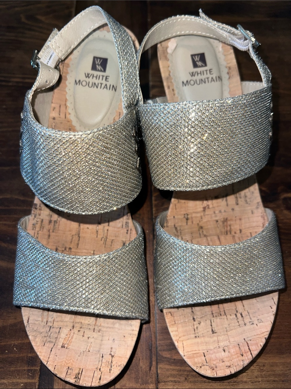 White Mountain Silver Glitter Two-Band Cork Wedges Sz 8 EUC!